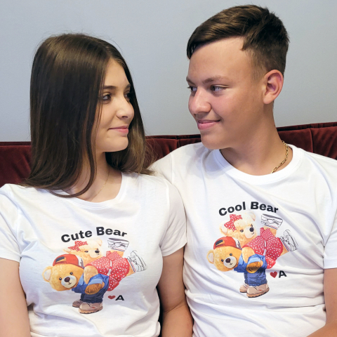 Power Couple - Set de 2 tricouri pentru cuplu, cu design Teddy Bear, personalizate cu initialele cuplului