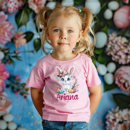 Cadouri pentru Paste - Tricou roz personalizat cu iepuras dragalas si nume, model de Paste, pentru copii