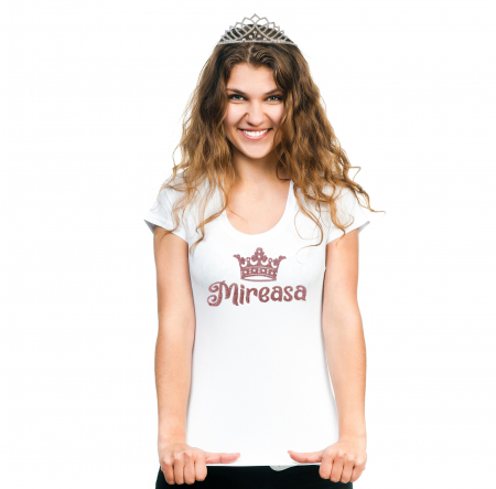 Tricou Mireasa, tricou din bumbac alb, personalizat cu design roz sclipicios si coronita [2]