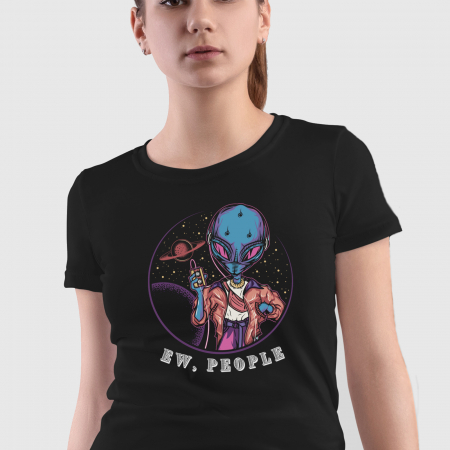 Tricou Alien cu inscriptia EW People, din bumbac negru, cu design extraterestru, pentru dama [4]