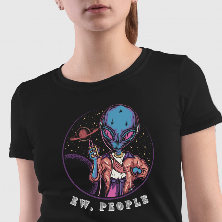 Tricou Alien cu inscriptia EW People, din bumbac negru, cu design extraterestru, pentru dama [0]