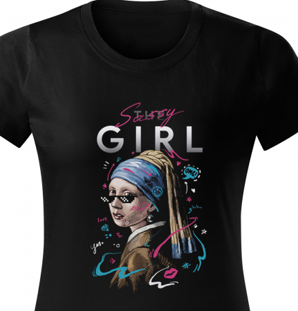 Tricou The Sassy Girl, din bumbac negru, cu design fata, pentru dama [2]