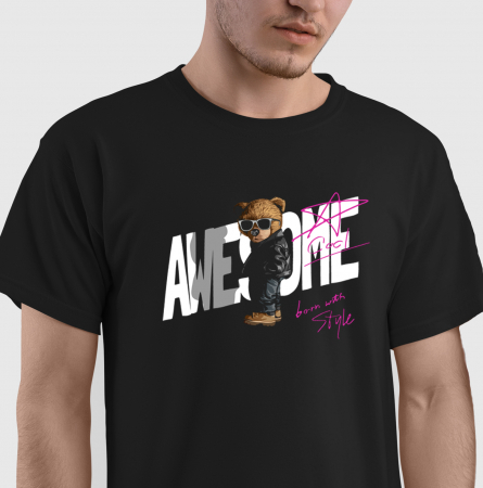 Tricou Awesome Teddy, din bumbac, cu design ursulet de plus