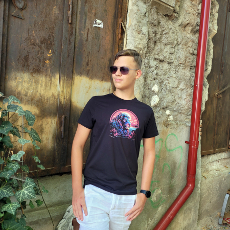 Tricou Lion in the Sunset, cu design leu, din bumbac negru, pentru bărbați [8]