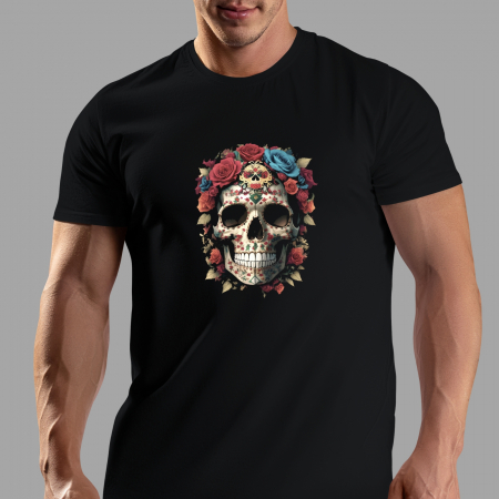 Halloween - Tricou Skull Halloween, cu craniu si flori, din bumbac negru