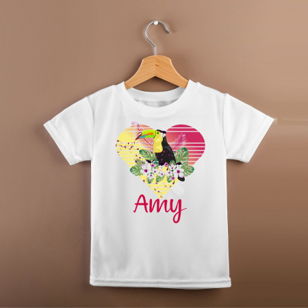 Tricou cu nume, personalizat pentru copii, cu tucan si inimioara, tricou din bumbac alb [2]