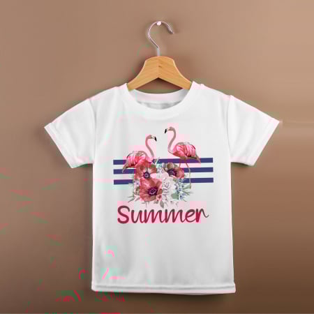 Tricou cu nume, personalizat pentru copii, cu flamingo si flori, tricou din bumbac alb [2]