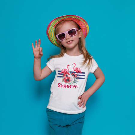Tricou cu nume, personalizat pentru copii, cu flamingo si flori, tricou din bumbac alb [1]