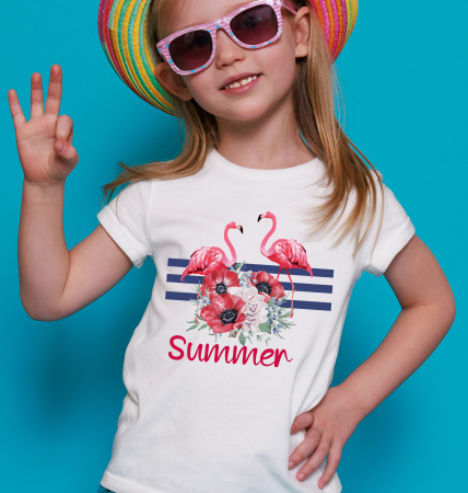 Tricou cu nume, personalizat pentru copii, cu flamingo si flori, tricou din bumbac alb [0]