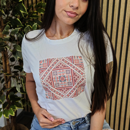 Tricouri Copii - Tricou Alb din Bumbac cu Motiv Tradițional Românesc - Model Ie pentru Damă