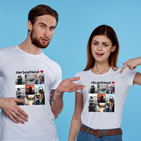 Set de 2 tricouri din bumbac personalizat pentru cuplu cu colaj din 9 fotografii si mesaj Her boyfriend, His girlfriend [0]
