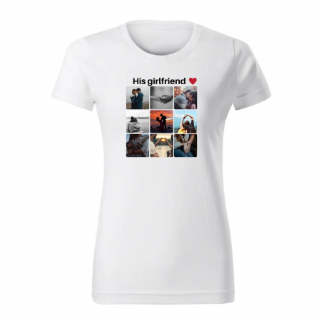 Set de 2 tricouri din bumbac personalizat pentru cuplu cu colaj din 9 fotografii si mesaj Her boyfriend, His girlfriend [2]