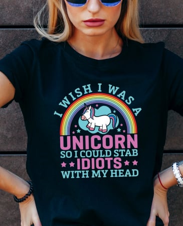 Tricou cu mesaj sarcastic, design unicorn, din bumbac negru, pentru dama [0]