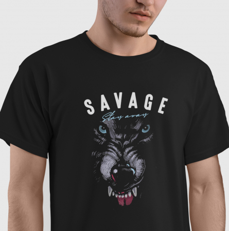 Tricou Savage stay away, din bumbac negru, pentru barbati, cu design lup [0]