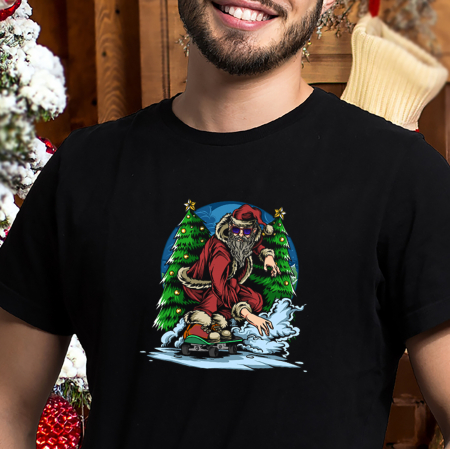 Tricou Skateboard Santa de craciun, cu Mos Craciun, din bumbac negru