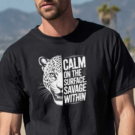 Tricouri pentru EL - Tricou din Bumbac Negru cu Tigru si mesajul Calm on the Surface, Savage Within