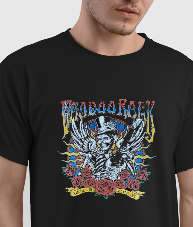 Tricou Skull Vodoo Rock din bumbac negru, cu design rock, craniu, chitara si trandafiri [4]
