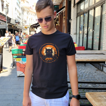 Halloween - Tricou Black Cat Halloween, din bumbac negru