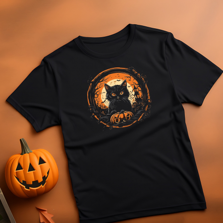 Tricou Black Cat Halloween, din bumbac negru [1]