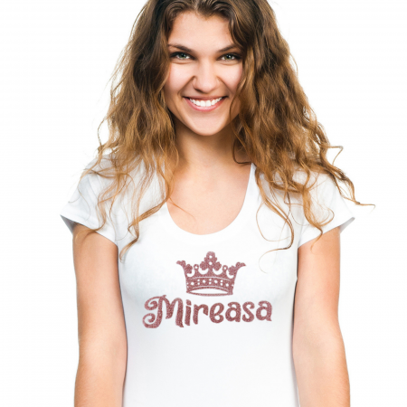 Tricou Mireasa, tricou din bumbac alb, personalizat cu design roz sclipicios si coronita [0]