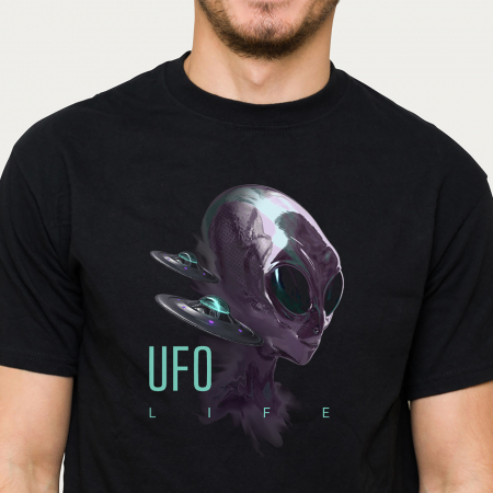 Paste - Tricou negru UFO Life, cu extraterestru abstract