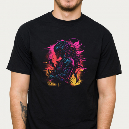 Tricou negru Alien, cu extraterestru abstract multicolor [1]