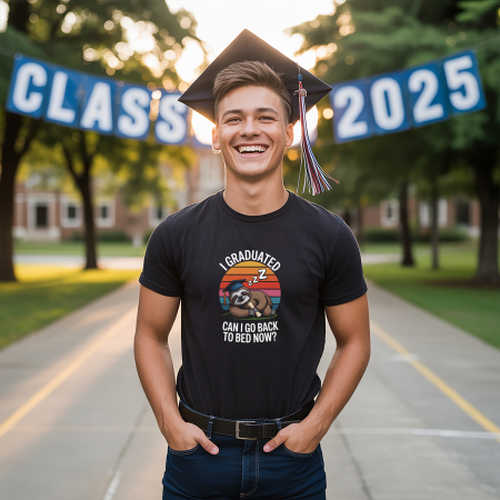 Tricou Negru Amuzant Absolvire – „I Graduated, Can I Go to Bed Now?” cu Leneș Drăgălaș [1]