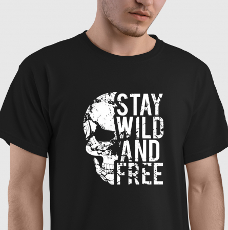 Tricou Stay wild and free, din bumbac negru, cu design craniu, pentru barbati [0]