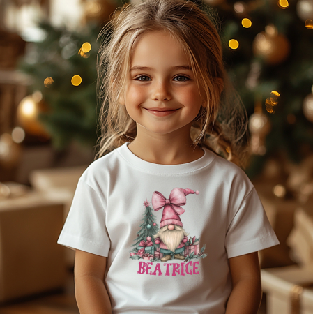 Cadouri pentru Craciun - Tricou pentru copii de Craciun, personalizat cu nume si gnom roz