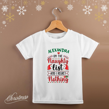 Tricou pentru copii de Craciun, personalizat cu nume si mesaj On the naughty list [1]