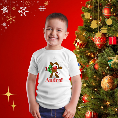 Tricou pentru copii de Craciun, personalizat cu nume si ren