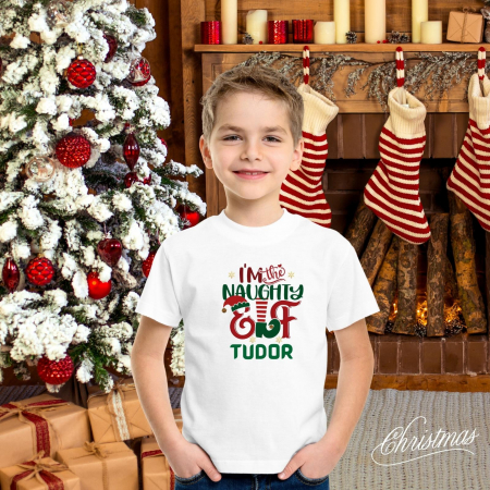 Tricou pentru copii de Craciun, personalizat cu nume, spiridus si mesajul I'm the naughty Elf