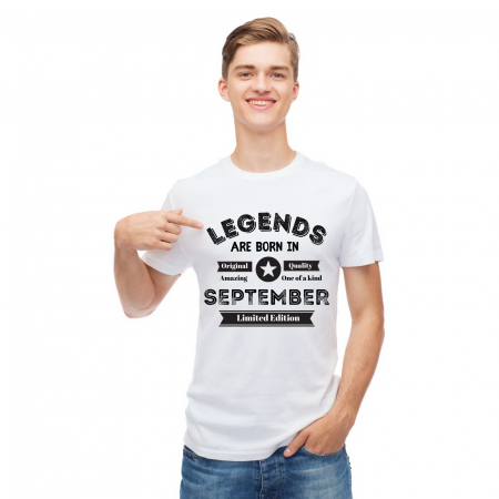 Tricou pentru zi de nastere, Legents are born in September, tricou alb cu imprimeu negru [1]
