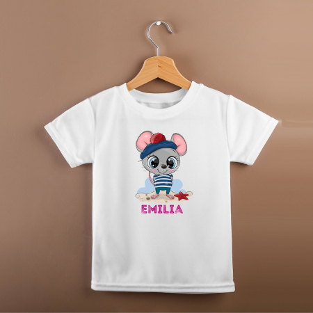 Tricou cu nume, personalizat pentru copii, cu soricel cu design marin, tricou din bumbac alb [2]