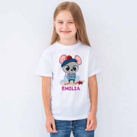Tricou cu nume, personalizat pentru copii, cu soricel cu design marin, tricou din bumbac alb [1]