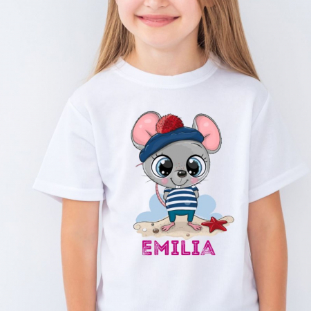 Tricou cu nume, personalizat pentru copii, cu soricel cu design marin, tricou din bumbac alb [0]