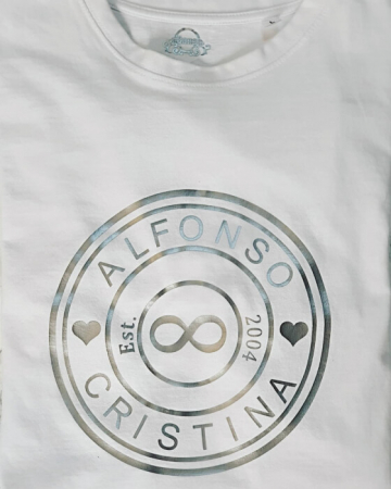 Tricou pentru cuplu personalizat cu numele partenerilor si anul relatiei, design stampila rotunda [5]