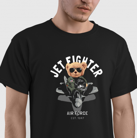 Tricou Jet Fighter Teddy, din bumbac negru, pentru barbati, cu design ursulet [0]