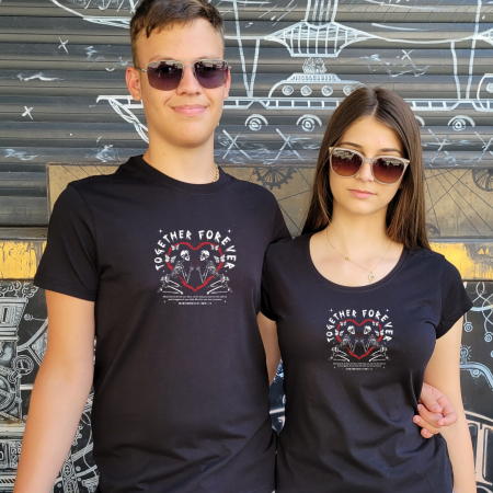 Tricouri pentru cuplu - Set de 2 Tricouri Together Forever pentru cuplu, cu scheleti, din bumbac negru