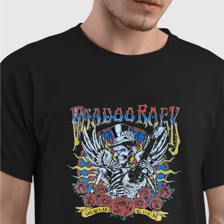 Tricou Skull Vodoo Rock din bumbac negru, cu design rock, craniu, chitara si trandafiri [0]