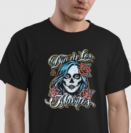 Tricou Dia de los muertos din bumbac negru, cu design craniu trandafiri [0]
