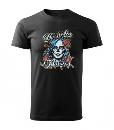 Tricou Dia de los muertos din bumbac negru, cu design craniu trandafiri [1]