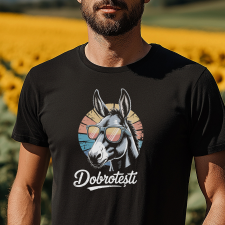 Tricouri pentru EL - Tricou negru personalizat cu măgar cu ochelari – suvenir original Dobrotești, cadou travel cool