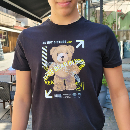 Tricou Teddy Bear, cu design ursulet, din bumbac negru