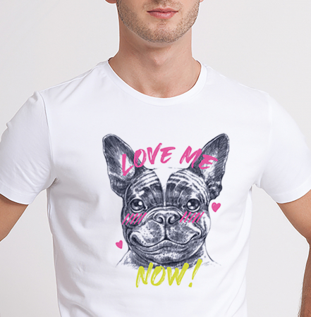 Tricou Love me Now, din bumbac alb, pentru barbati, cu design catel