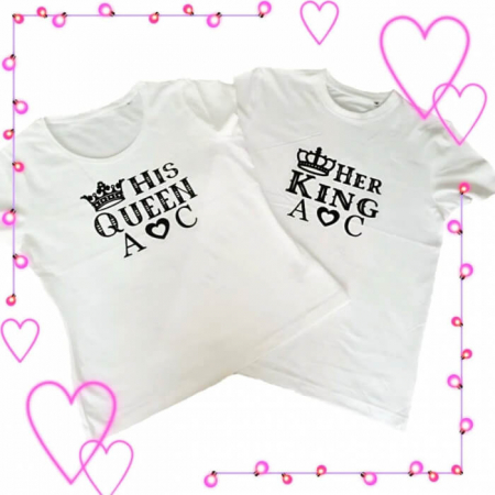 Tricouri personalizate pentru cuplu, set de 2 tricouri, personalizate cu Her King si His Queen, initialele cuplului si coronita [4]