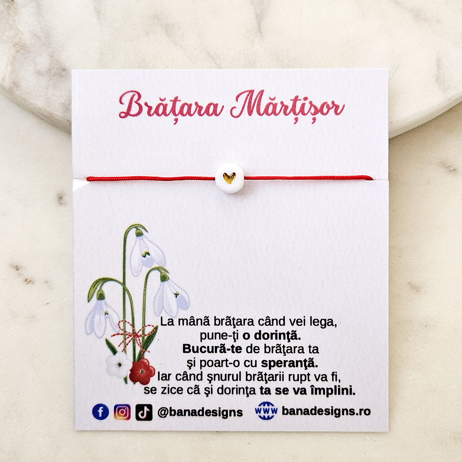 Set 10 Bratari Martisor colorat cu inimioara aurie si snur ajustabil