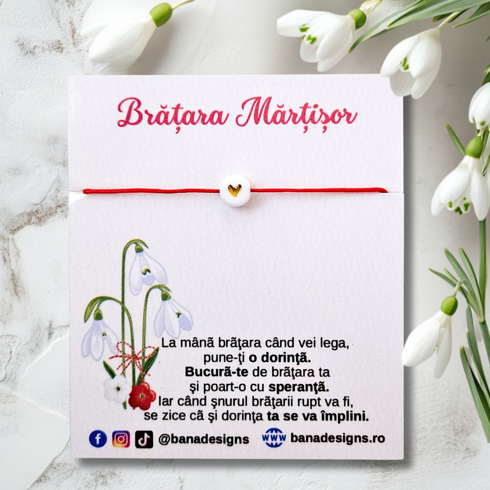 Bratara Martisor colorat cu inimioara aurie si snur ajustabil