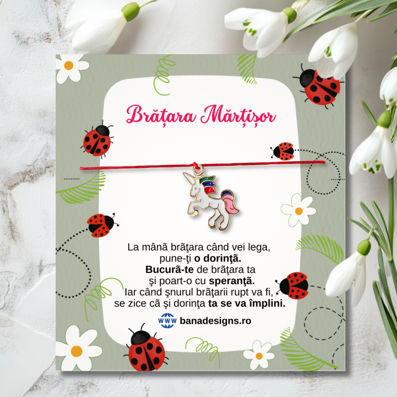 Bratara Martisor colorat cu unicorn emailat si snur ajustabil