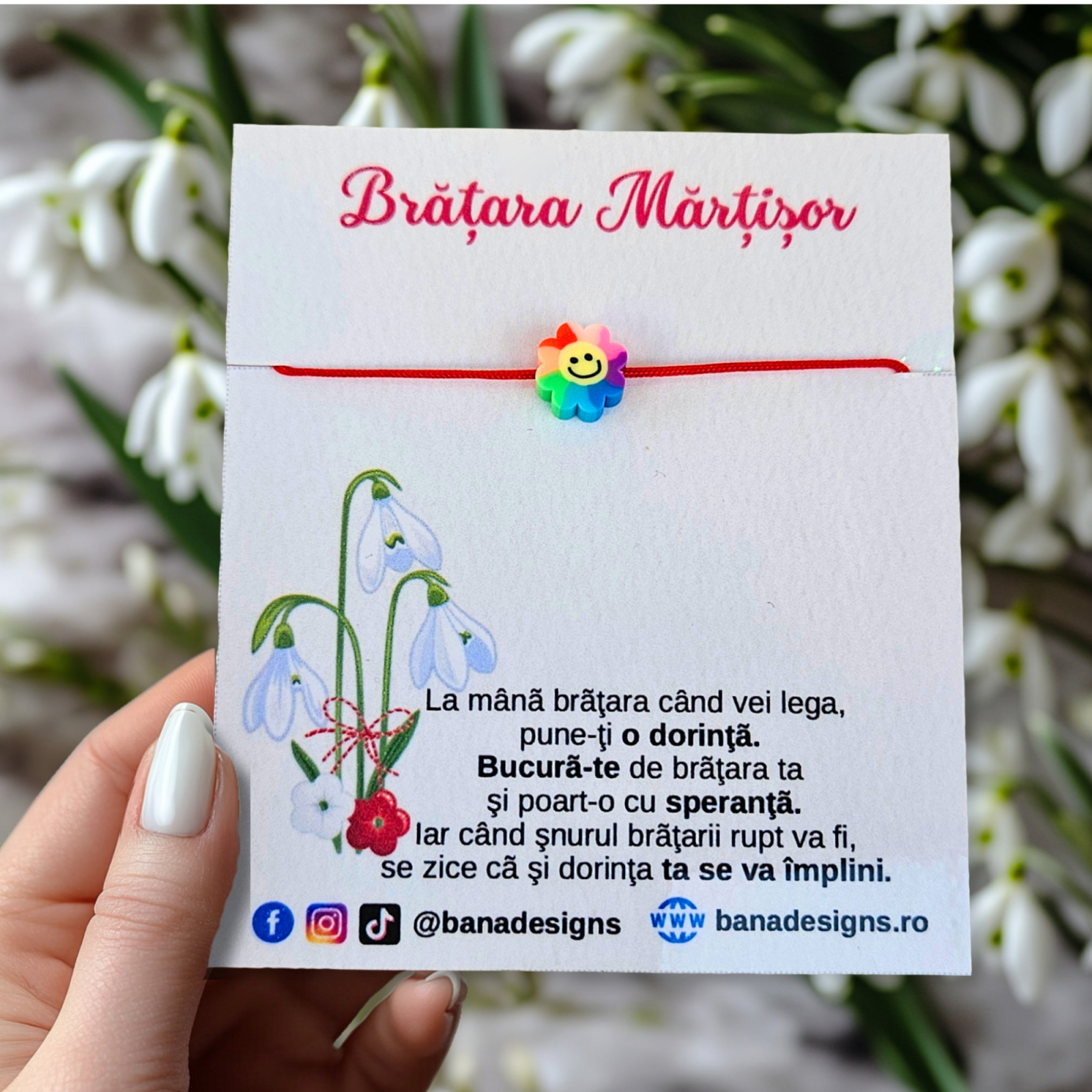 Bratara Martisor cu floare emoticon colorat si snur ajustabil